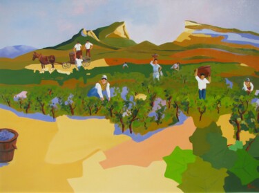 Malerei mit dem Titel "Vendanges à l'ancie…" von Jean-Noël Le Junter, Original-Kunstwerk, Öl Auf Keilrahmen aus Holz montiert