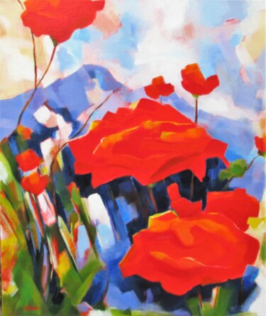 Painting titled "Les Coquelicots du…" by Jean-Noël Le Junter, Original Artwork, Oil Mounted on Wood Stretcher frame