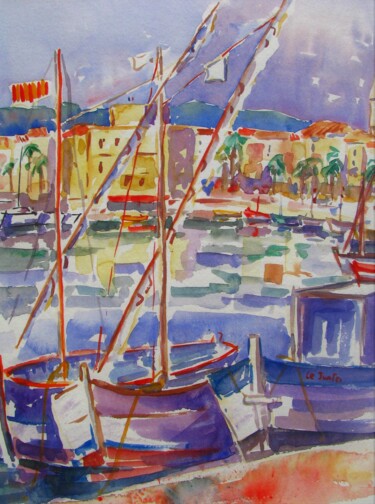 Malerei mit dem Titel "Le port et l'hôtel…" von Jean-Noël Le Junter, Original-Kunstwerk, Aquarell
