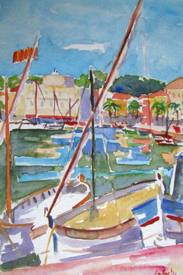 Malerei mit dem Titel "Le port de Sanary" von Jean-Noël Le Junter, Original-Kunstwerk, Aquarell Auf Holzplatte montiert
