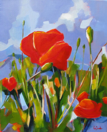 Painting titled "Coquelicots 1" by Jean-Noël Le Junter, Original Artwork, Oil Mounted on Wood Stretcher frame