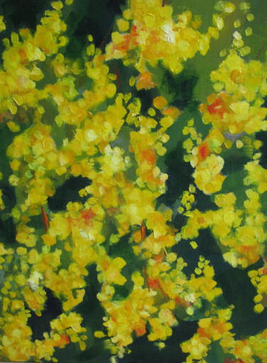 Painting titled "Mimosas" by Jean-Noël Le Junter, Original Artwork, Oil Mounted on Wood Stretcher frame