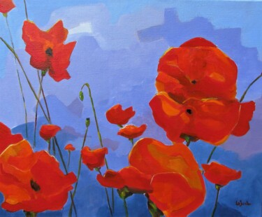 Painting titled "Coquelicots." by Jean-Noël Le Junter, Original Artwork, Oil Mounted on Wood Stretcher frame