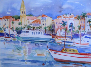 Painting titled "Le port de Sanary s…" by Jean-Noël Le Junter, Original Artwork, Watercolor Mounted on Cardboard