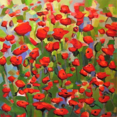 Painting titled "Coquelicots 2" by Jean-Noël Le Junter, Original Artwork, Oil Mounted on Wood Stretcher frame
