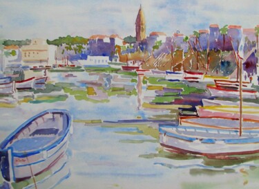 Painting titled "Le port de Sanary v…" by Jean-Noël Le Junter, Original Artwork, Watercolor Mounted on Wood Panel