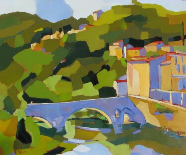 Painting titled "Sauves , le pont mé…" by Jean-Noël Le Junter, Original Artwork, Oil Mounted on Wood Stretcher frame