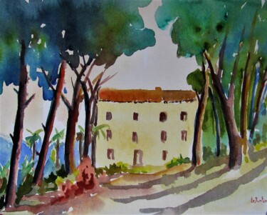 Maison de maître vers Béziers Peinture intitulée "Maison de maître ve…" par Jean-Noël Le Junter, Œuvre d'art originale, Aquarelle Monté sur Panneau de bois