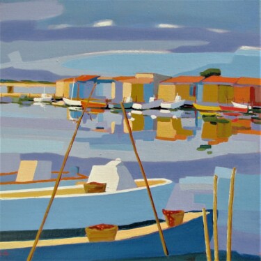 Painting titled "Barques à la Pointe…" by Jean-Noël Le Junter, Original Artwork, Oil Mounted on Wood Stretcher frame