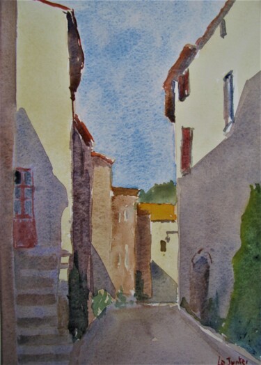 Painting titled "Les Matelles, rue d…" by Jean-Noël Le Junter, Original Artwork, Watercolor Mounted on Wood Panel