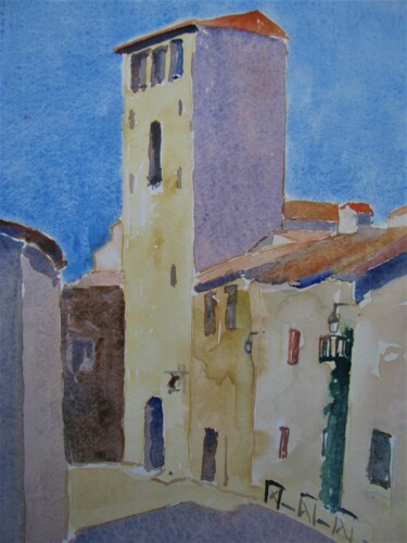 Painting titled "Les Matelles, rue d…" by Jean-Noël Le Junter, Original Artwork, Watercolor Mounted on Wood Panel