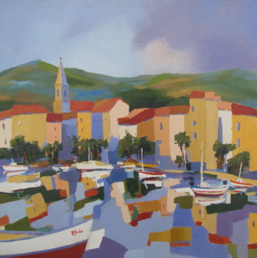 Painting titled "Le port de Sanary2" by Jean-Noël Le Junter, Original Artwork, Oil Mounted on Wood Stretcher frame