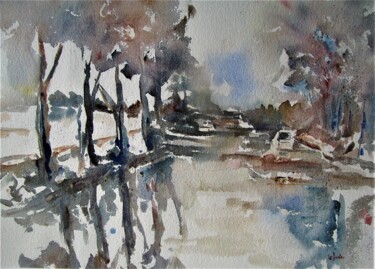 Painting titled "Le Canal du Midi" by Jean-Noël Le Junter, Original Artwork, Watercolor Mounted on Wood Panel