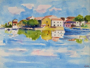 Painting titled "Aigues Mortes , qua…" by Jean-Noël Le Junter, Original Artwork, Watercolor Mounted on Wood Panel