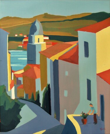 「Collioure」というタイトルの絵画 Jean-Noël Le Junterによって, オリジナルのアートワーク, オイル ウッドストレッチャーフレームにマウント
