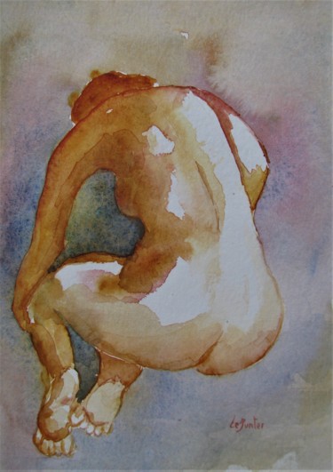 Painting titled "Nu accroupi de dos" by Jean-Noël Le Junter, Original Artwork, Watercolor