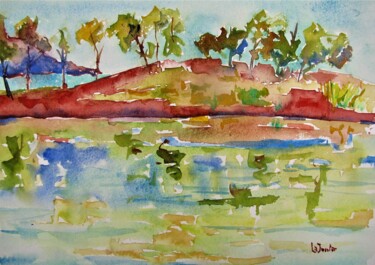 Painting titled "Au bord du lac" by Jean-Noël Le Junter, Original Artwork, Watercolor Mounted on Cardboard