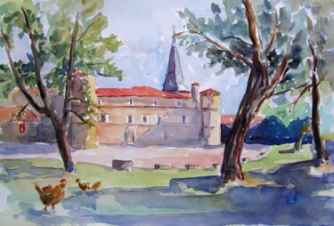 Malerei mit dem Titel "le château de Jonqu…" von Jean-Noël Le Junter, Original-Kunstwerk, Aquarell Auf Holzplatte montiert