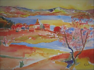 Painting titled "Celles au printemps." by Jean-Noël Le Junter, Original Artwork, Watercolor Mounted on Wood Panel