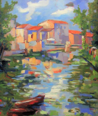 Painting titled "Magné, village des…" by Jean-Noël Le Junter, Original Artwork, Oil Mounted on Wood Stretcher frame