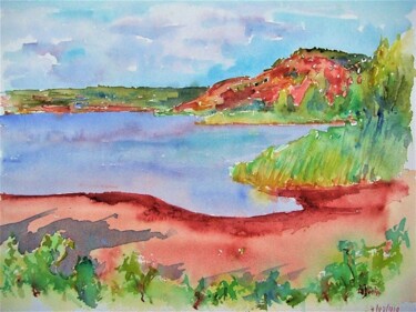 Painting titled "Baie des Plots" by Jean-Noël Le Junter, Original Artwork, Watercolor Mounted on Wood Panel