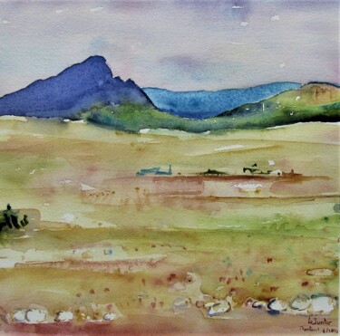 Painting titled "Le Pic Saint-Loup v…" by Jean-Noël Le Junter, Original Artwork, Watercolor Mounted on Wood Panel