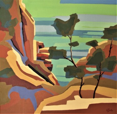Painting titled "Calanque" by Jean-Noël Le Junter, Original Artwork, Oil Mounted on Wood Stretcher frame