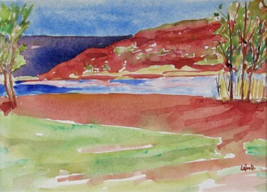 Malerei mit dem Titel "Le lac du Salagou" von Jean-Noël Le Junter, Original-Kunstwerk, Aquarell Auf Holzplatte montiert