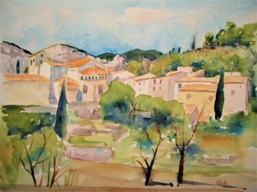 Painting titled "Saint-Guilhem le dé…" by Jean-Noël Le Junter, Original Artwork, Watercolor Mounted on Wood Panel