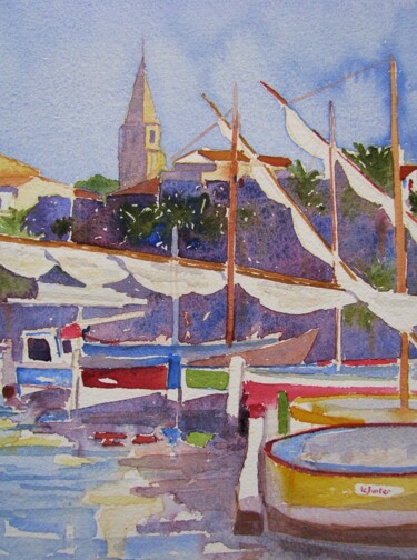 Painting titled "Le port de Sanary e…" by Jean-Noël Le Junter, Original Artwork, Watercolor Mounted on Wood Panel