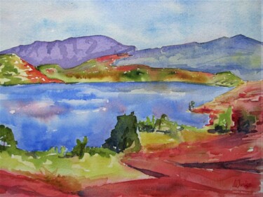 Painting titled "Le lac du Salagou 2" by Jean-Noël Le Junter, Original Artwork, Watercolor Mounted on Wood Panel