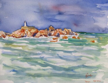 Painting titled "Rochers vers Bréhat" by Jean-Noël Le Junter, Original Artwork, Watercolor Mounted on Wood Panel