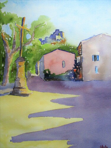 Painting titled "Brissac le haut" by Jean-Noël Le Junter, Original Artwork, Watercolor Mounted on Wood Panel