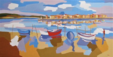 Painting titled "Sète, pêcheur à la…" by Jean-Noël Le Junter, Original Artwork, Oil Mounted on Wood Stretcher frame