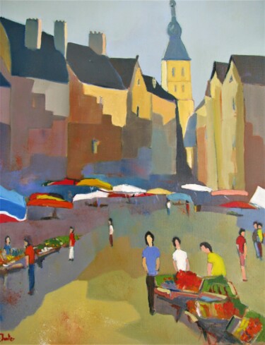 Peinture intitulée "Le marché de Sarlat" par Jean-Noël Le Junter, Œuvre d'art originale, Huile Monté sur Châssis en bois