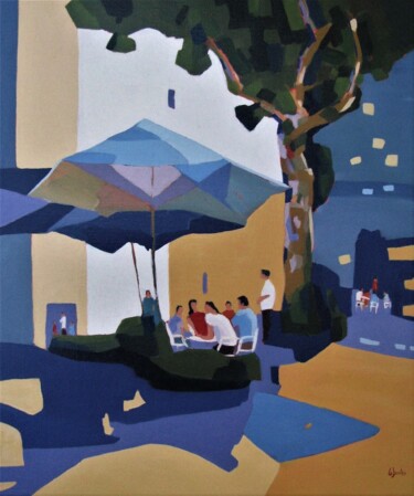 Painting titled "La terrasse" by Jean-Noël Le Junter, Original Artwork, Oil Mounted on Wood Stretcher frame