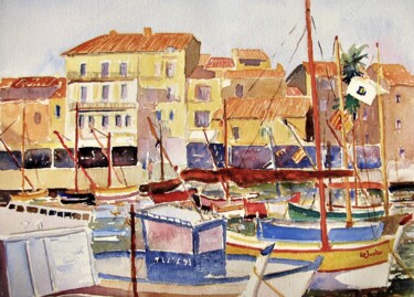 Painting titled "Sanary sur mer 2021" by Jean-Noël Le Junter, Original Artwork, Watercolor Mounted on Wood Panel