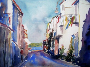 Painting titled "Rue du président Ca…" by Jean-Noël Le Junter, Original Artwork, Watercolor Mounted on Wood Panel