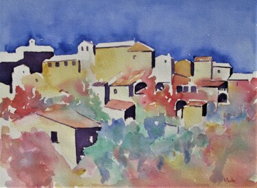 Painting titled "Village de l'Héraul…" by Jean-Noël Le Junter, Original Artwork, Watercolor Mounted on Wood Panel