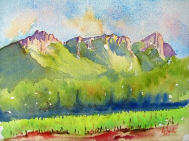 Painting titled "Le Pic Saint-Loup a…" by Jean-Noël Le Junter, Original Artwork, Watercolor Mounted on Wood Panel