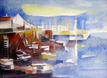 Pintura intitulada "Port breton à marée…" por Jean-Noël Le Junter, Obras de arte originais, Aquarela Montado em Painel de ma…