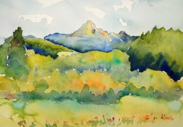 Painting titled "La dent d'Oche en é…" by Jean-Noël Le Junter, Original Artwork, Watercolor Mounted on Wood Panel