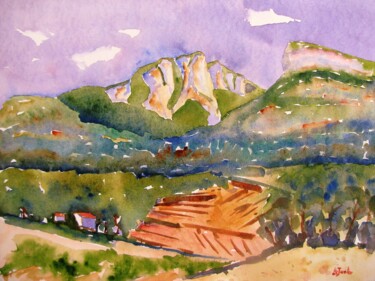 Painting titled "Le Pic Saint-Loup e…" by Jean-Noël Le Junter, Original Artwork, Watercolor Mounted on Wood Panel