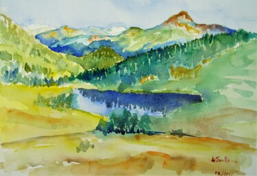 Painting titled "Le lac d'Arvouin 3" by Jean-Noël Le Junter, Original Artwork, Watercolor Mounted on Wood Panel