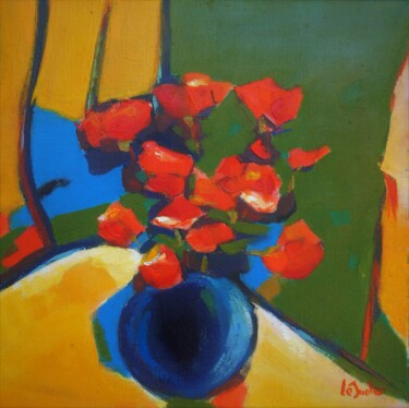 Painting titled "Vase aux anémones" by Jean-Noël Le Junter, Original Artwork, Oil Mounted on Wood Stretcher frame