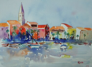 Malerei mit dem Titel "Sanary-sur-mer au c…" von Jean-Noël Le Junter, Original-Kunstwerk, Aquarell Auf Holzplatte montiert