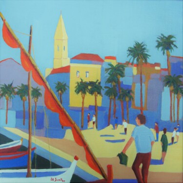 Malarstwo zatytułowany „Promenade à Sanary” autorstwa Jean-Noël Le Junter, Oryginalna praca, Olej Zamontowany na Drewniana r…
