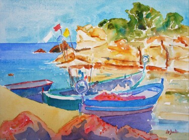 Painting titled "Petit port au Gaou" by Jean-Noël Le Junter, Original Artwork, Watercolor Mounted on Wood Panel