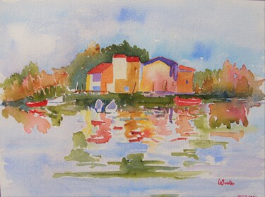 Painting titled "Les cabanes de Maug…" by Jean-Noël Le Junter, Original Artwork, Watercolor Mounted on Wood Panel