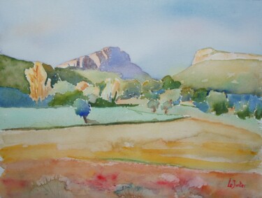 Painting titled "Le Pic Saint-Loup e…" by Jean-Noël Le Junter, Original Artwork, Watercolor Mounted on Wood Panel